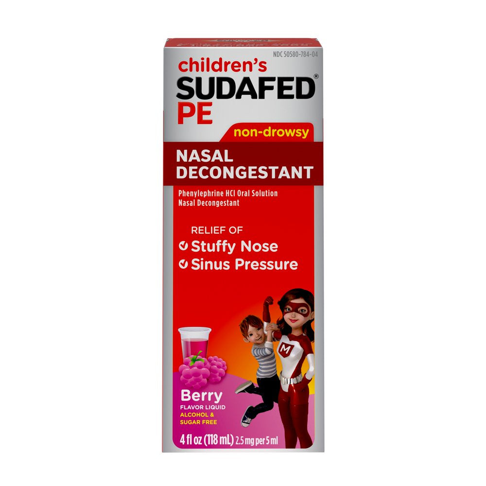 Children'S Sudafed PE Nasal Decongestant, Liquid Cold Relief Medicine with Phenylephrine Hcl, Alcohol Free and Sugar-Free, Berry-Flavored, 4 Fl. Oz