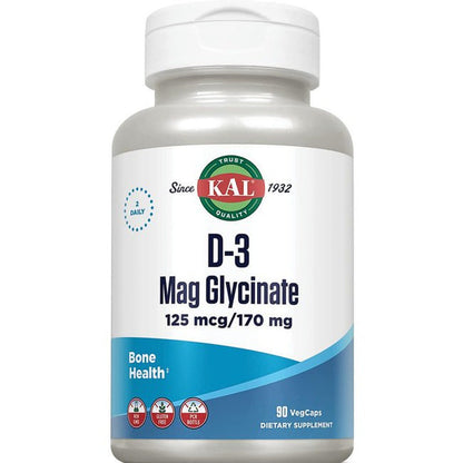 KAL Vitamin D3 & Magnesium Glycinate, Enhanced Absorption Formula with Bioperine, Muscle & Bone Health Support, Immune Support & More, Non-Gmo, Gluten Free, 45 Servings, 90 Vegcaps