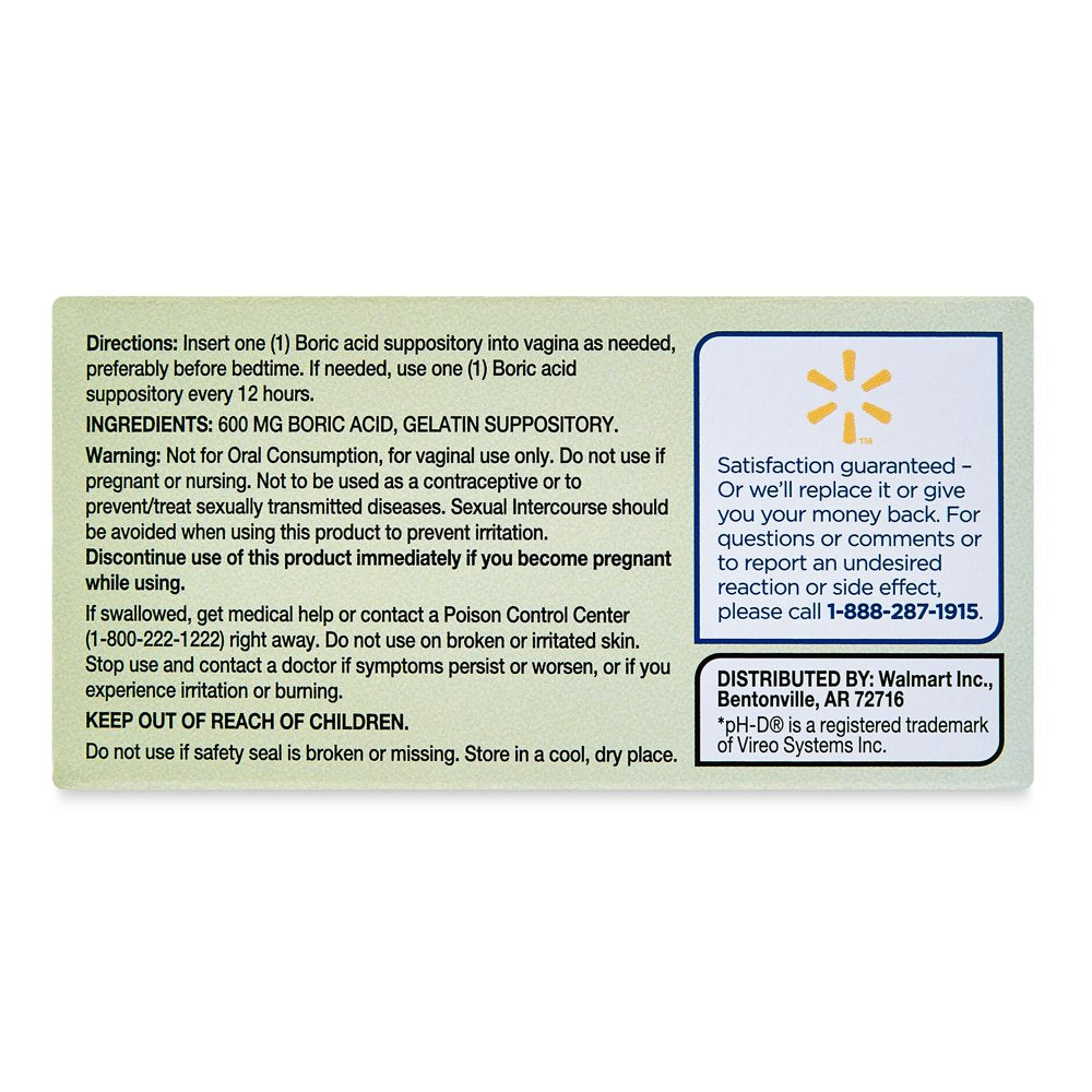 Equate Boric Acid Vaginal Suppositories for Vaginal Odor, 30 Ct