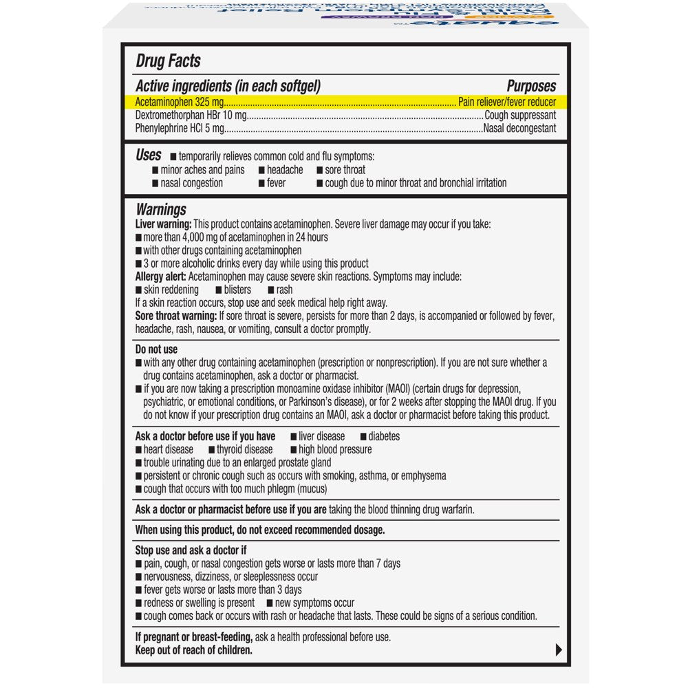 Equate Cold and Flu Multi-Symptom Relief Fever Reducer Throat Remedies Nasal Decongestant Gels, 48 Count