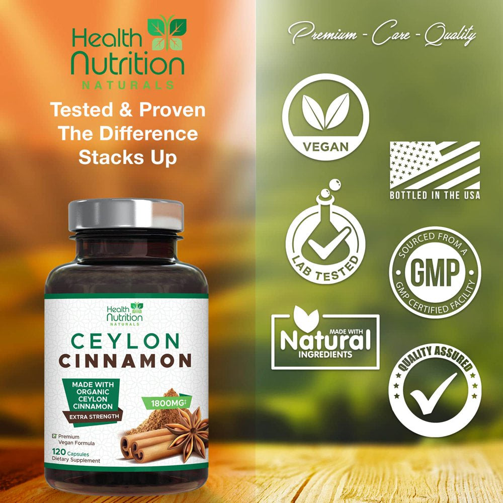 Ceylon Cinnamon Capsules, Certified Organic Ceylon Cinnamon Pills 1800 Mg per Serving, Non-Gmo, Gluten-Free Sri Lanka Pure Cinnamon Pills Supplement, Sugar Free, Vegan - 120 Count Vegetarian Capsules