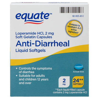 Equate Loperamide Hcl Anti-Diarrheal Liquid Softgels, 2 Mg, 24 Count