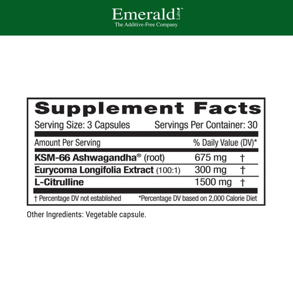 Emerald Labs Testosterone Health - E. Longifolia, KSM-66, and L-Citrulline - All Natural Ingredients - 90 Vegtable Capsules