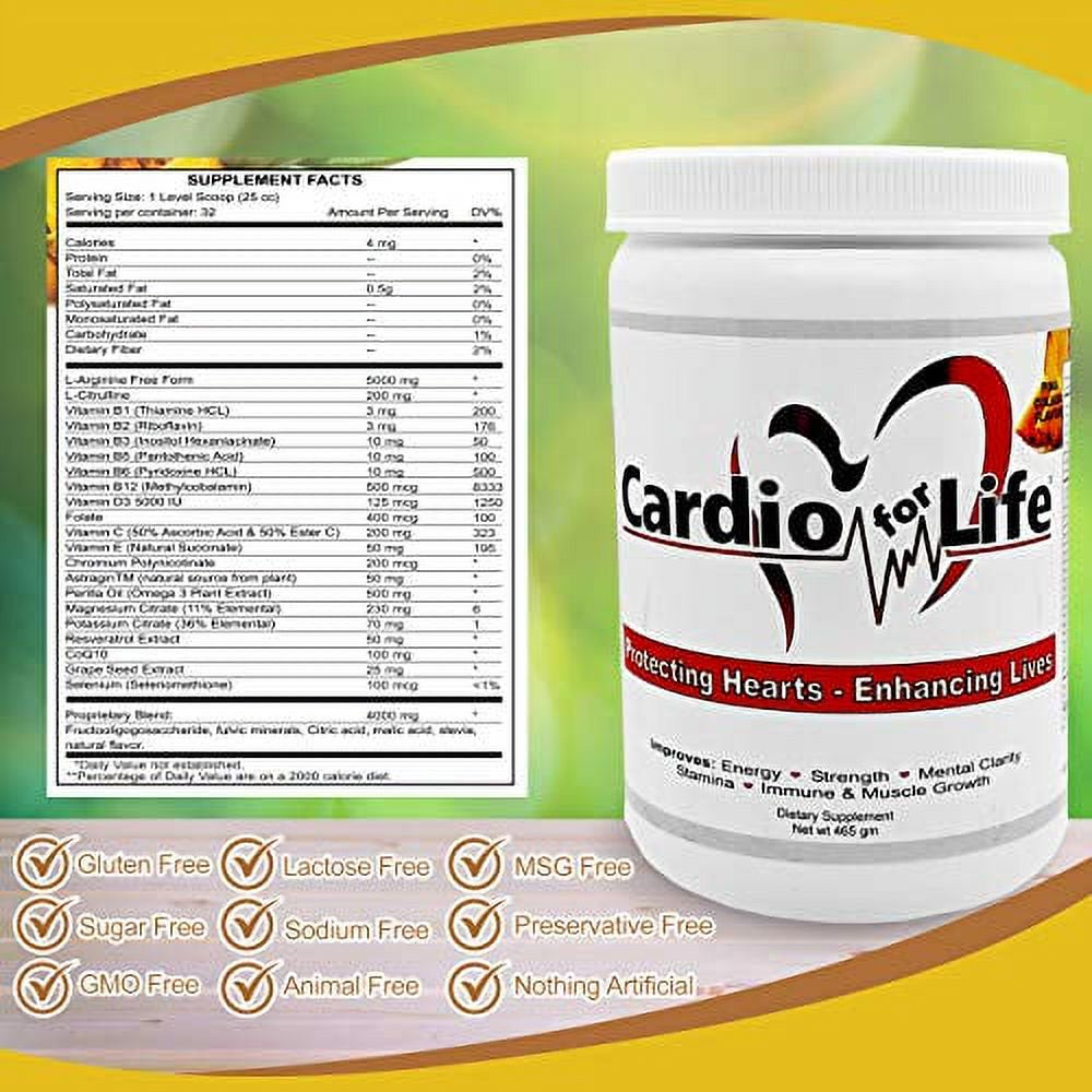 Cardio for Life L-Arginine Powder 16Oz - Pina Colada - Natural Nitric Oxide Supplement for Cardiovascular Health - Regulate Cholesterol & Blood Pressure - Increase Energy