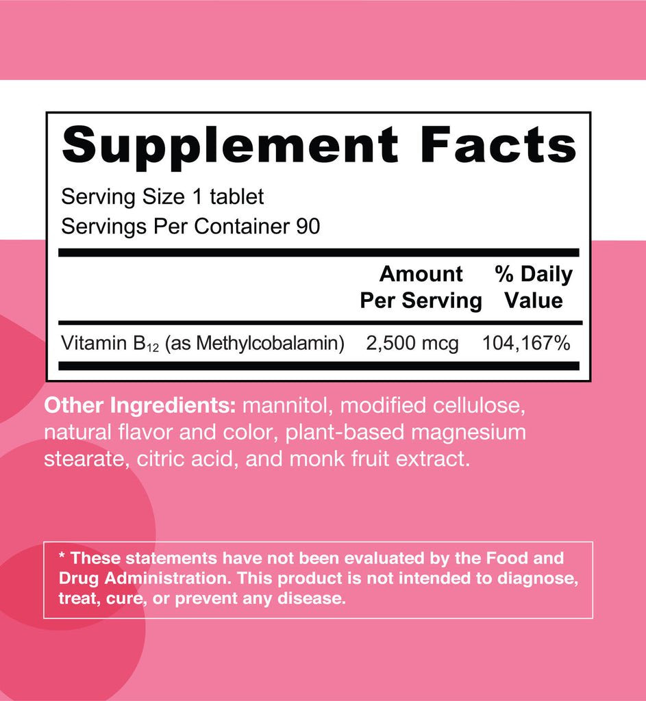 EZ Melts Sublingual Vitamin B12 with Methylcobalamin for Energy and Metabolism Support, 2500 Mcg 60 Tablets, Cherry Flavored, Vegan Dietary Supplements, Dissolvable and Fast Melting