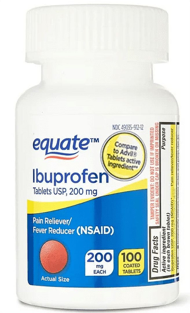 Equate Ibuprofen Pain Reliever/Fever Reducer Coated Tablets, 200Mg, 100 Count