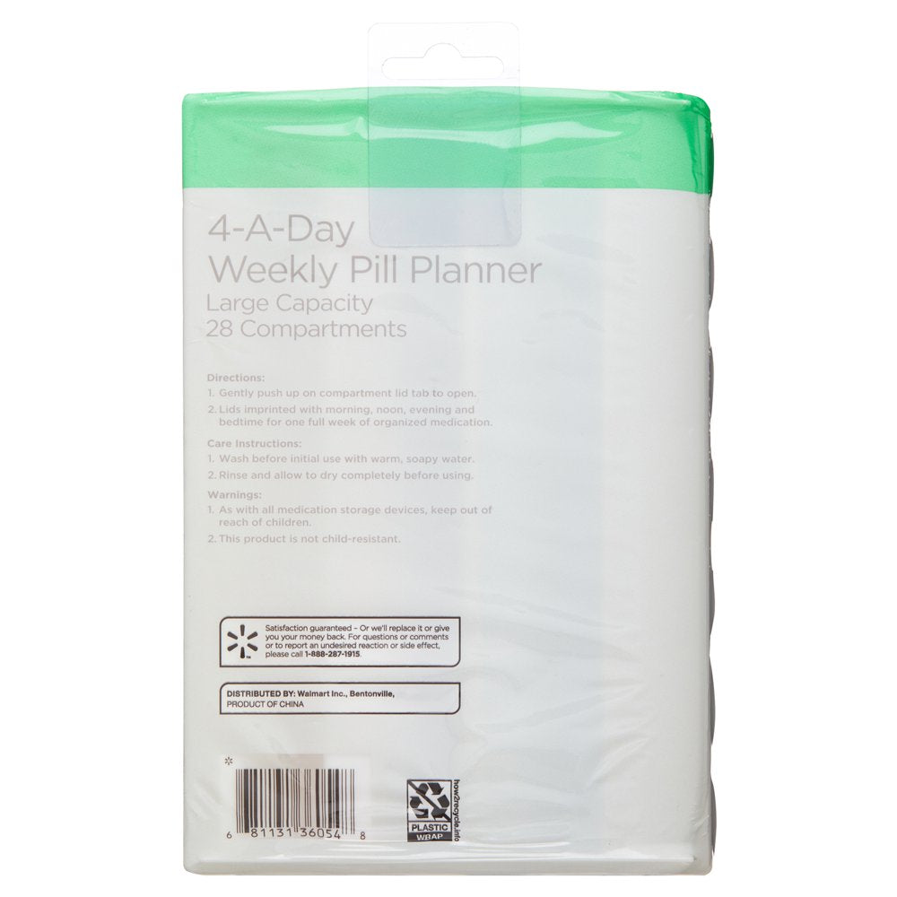 Equate 4-A-Day Pill Planner, 1 Week, 8.5"