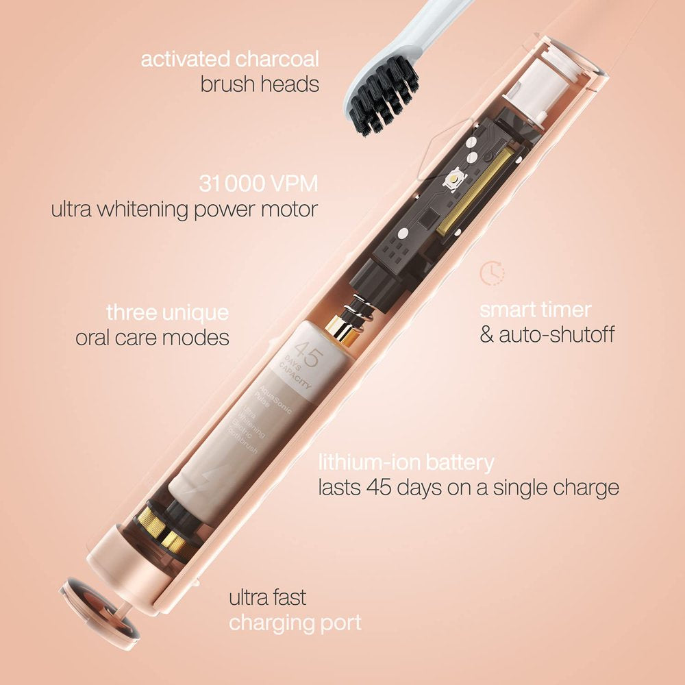 Aquasonic Pulse - Ultra SR25 Whitening Electric Toothbrush W Activated Charcoal Whitening Bristles - Sonic Rechargeable Toothbrush - 3 Modes & Smart Timers - Lasts 45 Days - Home & Travel Toothbrush