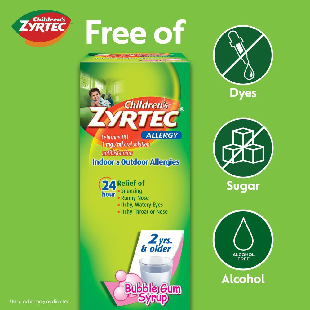 Children'S Zyrtec 24 Hour Allergy Relief Syrup, Bubble Gum, 4 Fl. Oz