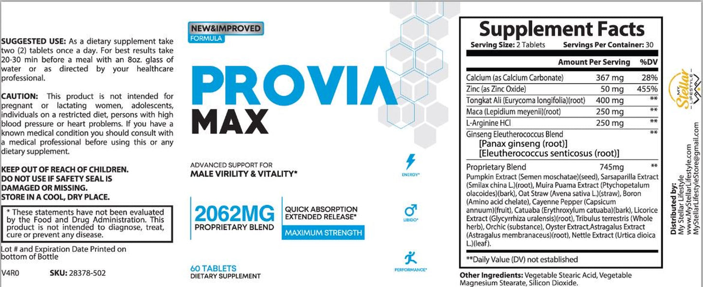Provia Max Male Virility and Vitality Support Enhancement - 60 Tablets