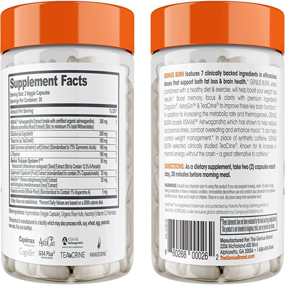 Fat Burner Supplement with Ashwagandha & Teacrine Appetite Suppressant Thermogenic for Weight Loss & Energy Support, Genius Burner by the Genius Brand