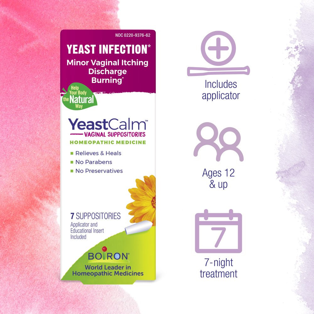 Boiron Yeastcalm, Homeopathic Medicine for Yeast Infection Relief, Minor Vaginal Itching, Burning, Discomfort, 7 Suppositories Form