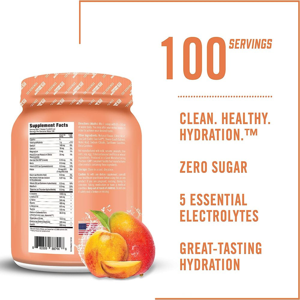 Biosteel Zero Sugar Hydration Mix, Great Tasting Hydration with 5 Essential Electrolytes, Peach Mango, 100 Servings