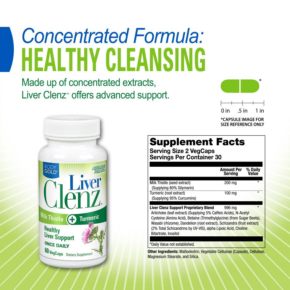 Body Gold Liver Clenz with Milk Thistle & Turmeric | Healthy Liver Detox Support | Vegetarian | 30 Servings, 60 Vegcaps