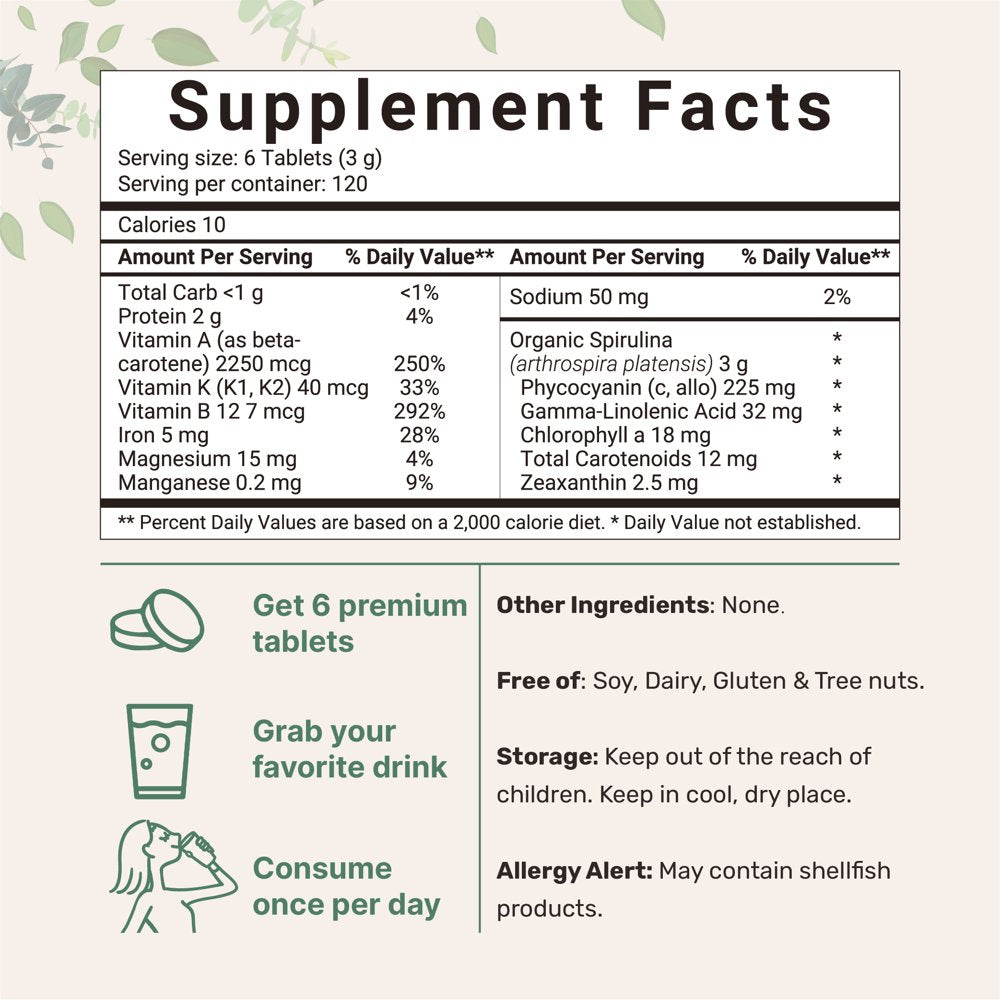 Certified Organic Spirulina Tablets, 3000 Mg, 720 Tablets, Rich in Vegan Protein, Vitamins & Prebiotics, Non-Gmo