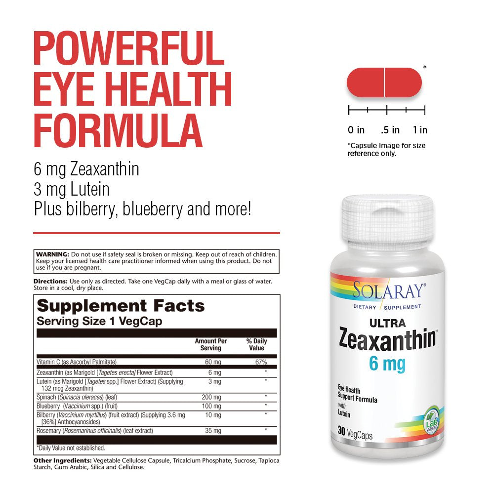 Solaray Ultra Zeaxanthin 6 Mg | Eye Health & Macular Support Formula with Lutein, Bilberry & Blueberry | 30Ct