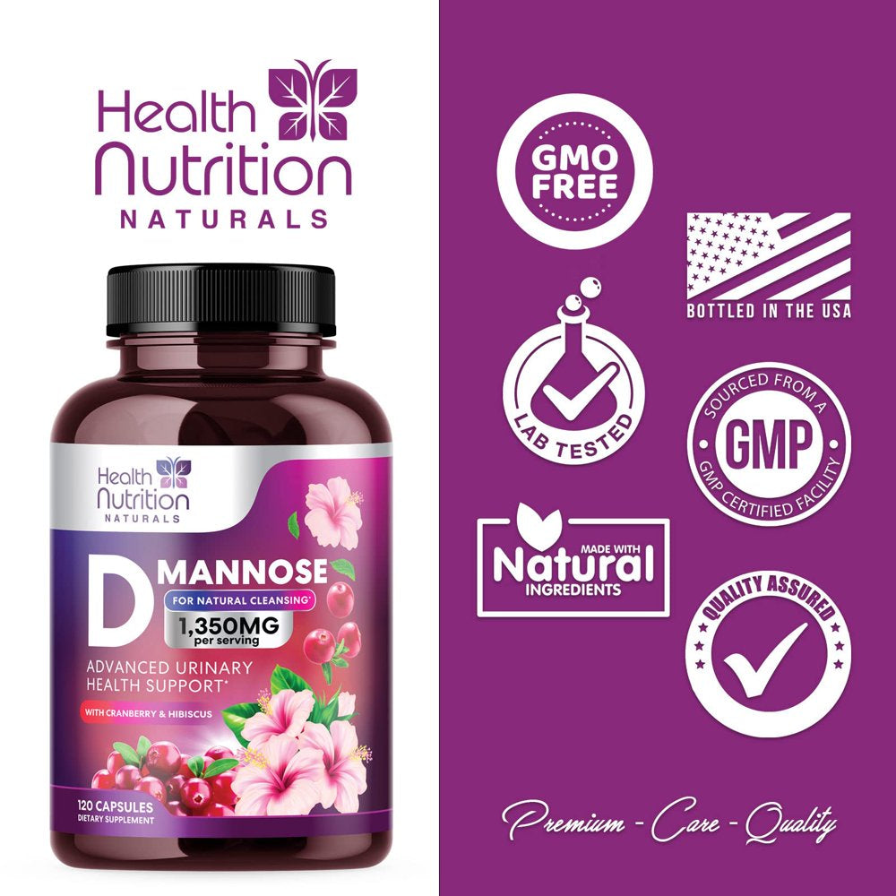 D-Mannose with Cranberry Extract 1350 Mg Complex - Fast-Acting Urinary Tract Health Support, Natural Non-Gmo & Vegan Capsules, Flush Impurities, Extra Strength Dmannose for Women & Men - 120 Capsules