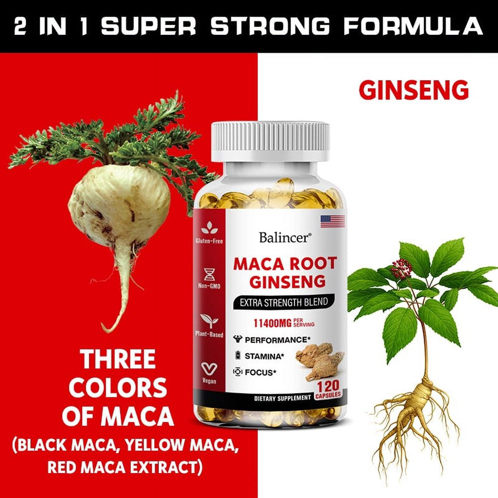 Bcuelov - Maca Root Capsules 10,000 Mg + Korean Ginseng 1,400 Mg - Black + Red + Yellow Maca Root, 10X Concentrated Extract Ginseng Capsules - Ultra Potency and High Purity