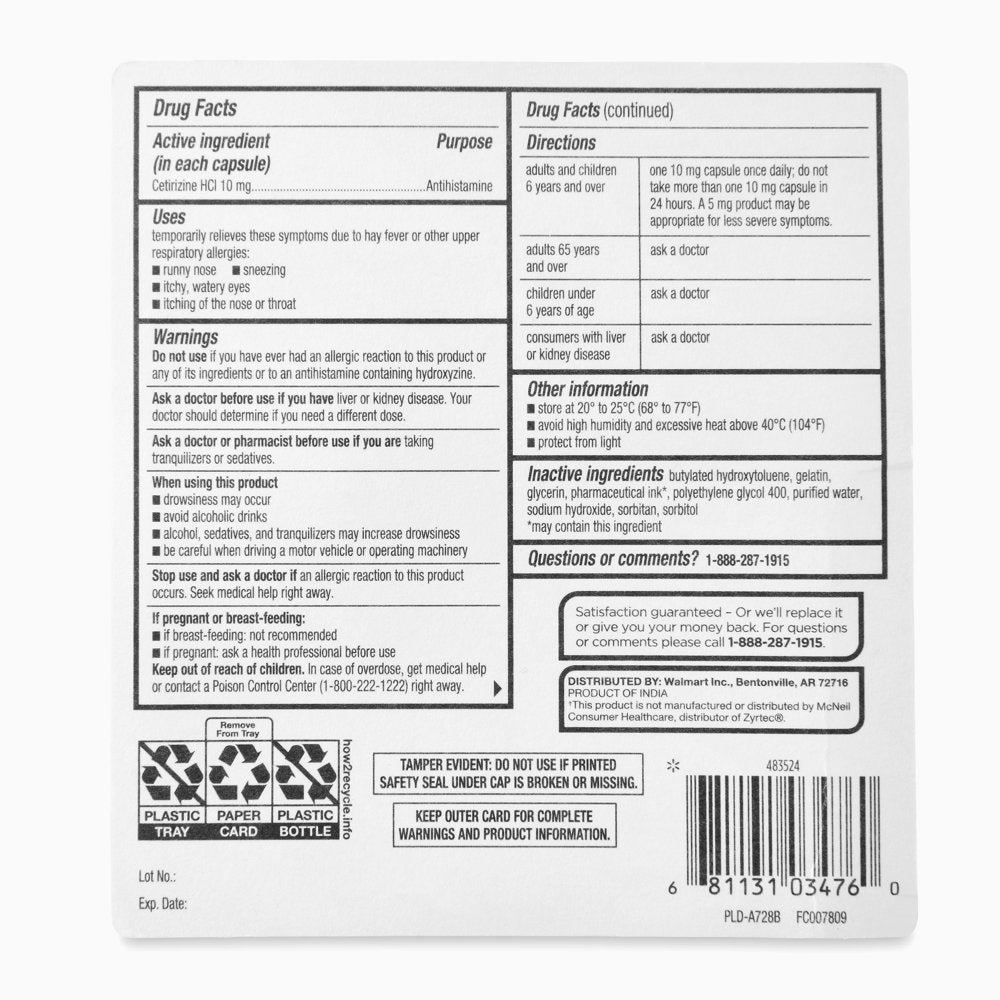 Equate Allergy Relief Cetirizine Hcl Softgels, 25 Count