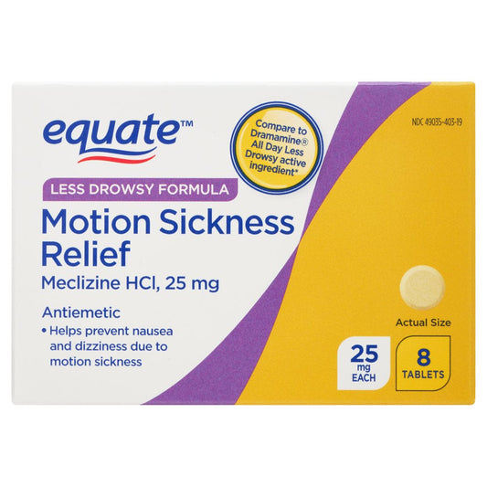 Equate Less-Drowsy Formula Motion Sickness Relief Meclizine HCI Tablets, 25 Mg, 8 Count