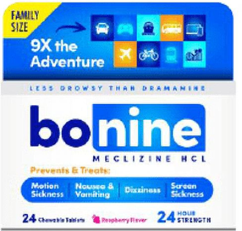 Bonine Motion Sickness Relief Chewable Tablets, Raspberry, 24 Ct