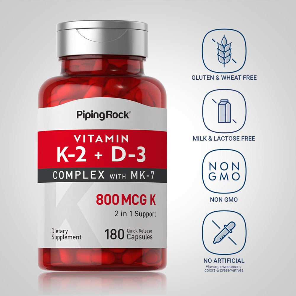 Vitamin K2 MK7 with D3 | 180 Capsules | 800 Mcg Complex | Vitamin D3 5000 IU | Non-Gmo, Gluten Free | by Piping Rock