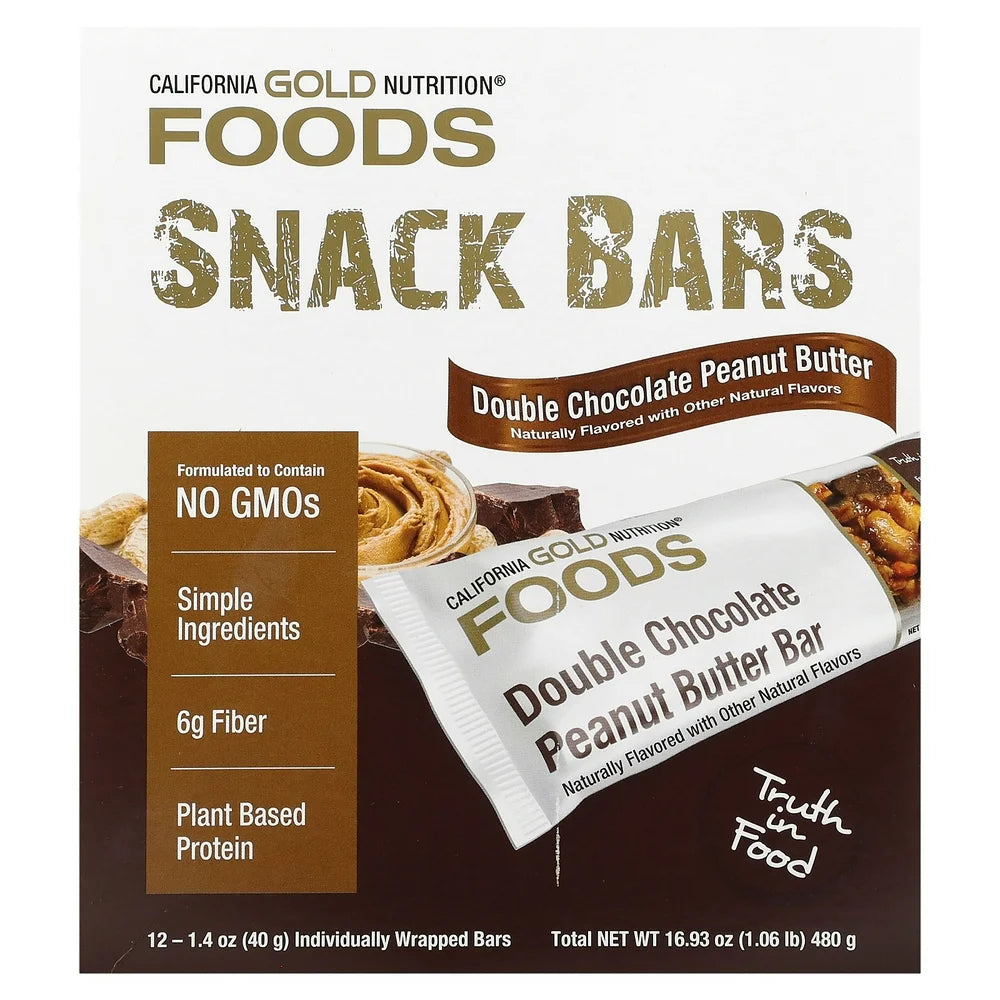 California Gold Nutrition FOODS, Double Chocolate Peanut Butter Flavor Bars, 12 Bars, 1.4 Oz (40 G) Each