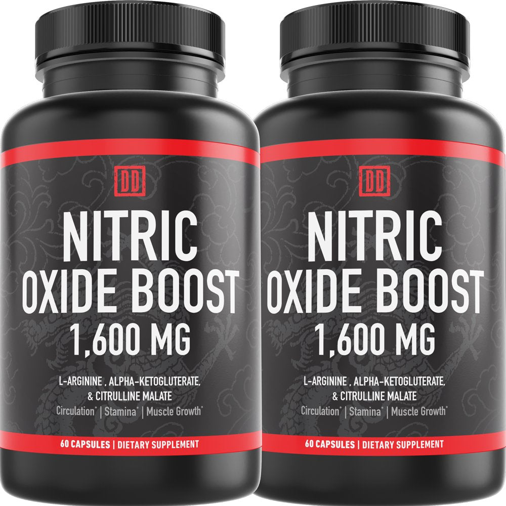 Nitric Oxide Booster Supplement - 1600Mg Extra Strength L-Arginine, Citrulline Malate, and Alpha-Ketoglutarate for Muscle Growth, Vascularity & Energy - Double Dragon Organics 2 Bottles (120 Caps)