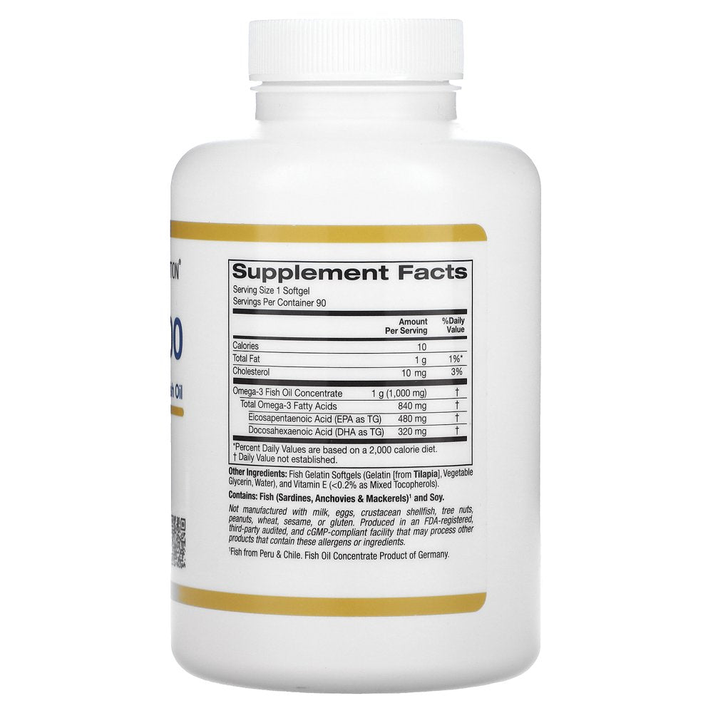 California Gold Nutrition Omega 800 Pharmaceutical Grade Fish Oil, 80% EPA/DHA, Triglyceride Form, 1,000 Mg, 90 Fish Gelatin Softgels