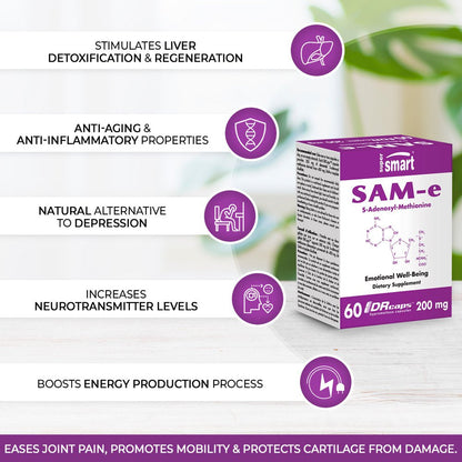 Supersmart - Sam-E 200 Mg (S-Adenosyl Methionine) - Joint Supplement - Mood Support - Liver Detox | Non-Gmo & Gluten Free - 60 DR Capsules