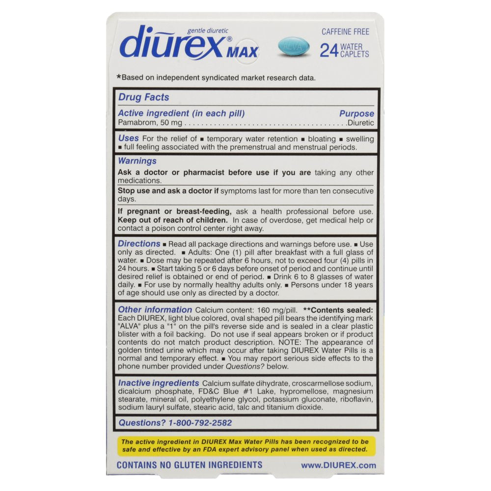 Diurex Max Water Pills - Maximum Strength Caffeine Free Diuretic - Relieve Water Bloat, 24 Count
