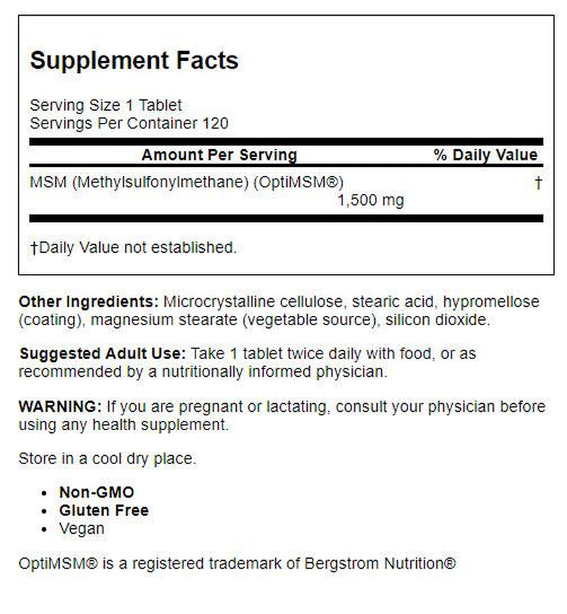 Doctor'S Best MSM with Optimsm, Non-Gmo, Gluten Free, Joint Support, 1500 Mg, 120 Tablets