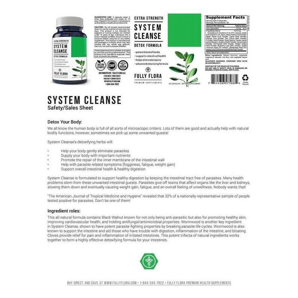 Fully Flora Extra Strength System Cleanse Detox (60 Capsules) 3 Bottles X 60 Capsules