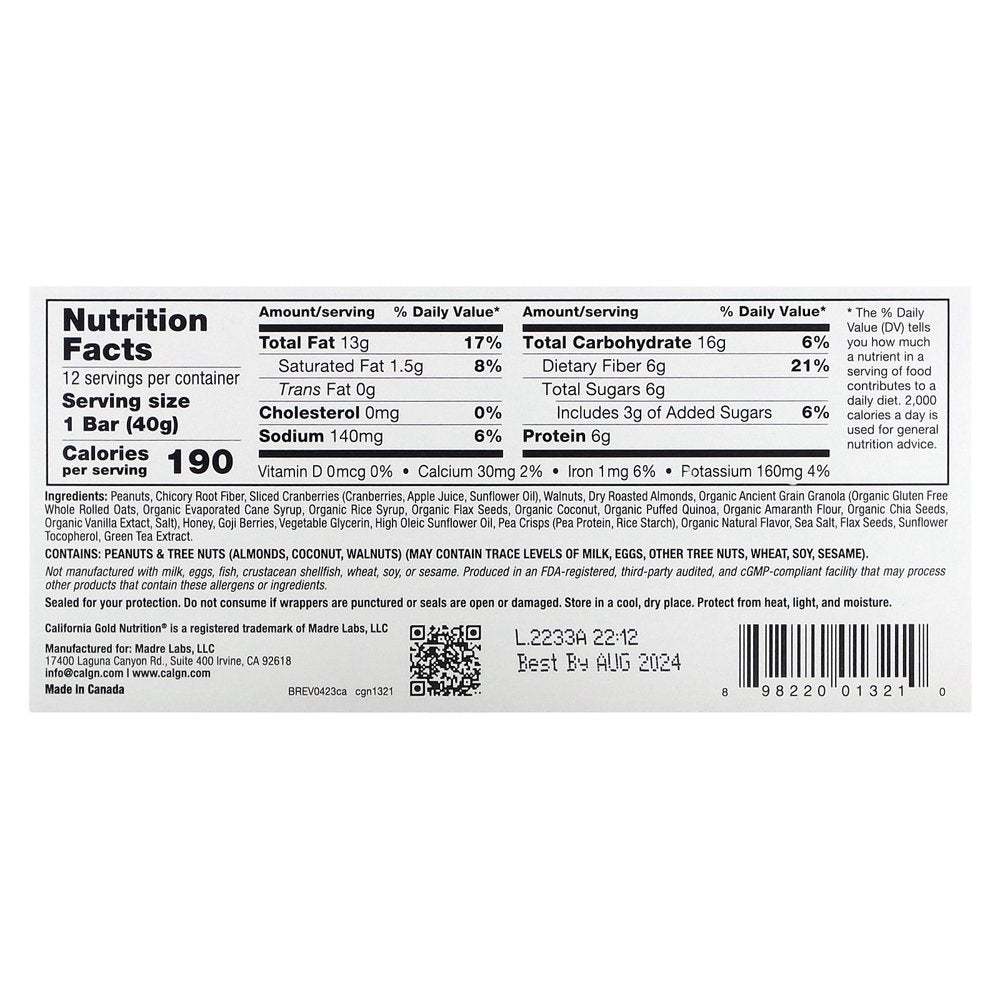 California Gold Nutrition FOODS, Cranberry & Almond Chewy Granola Bars, 12 Bars, 1.4 Oz (40 G) Each