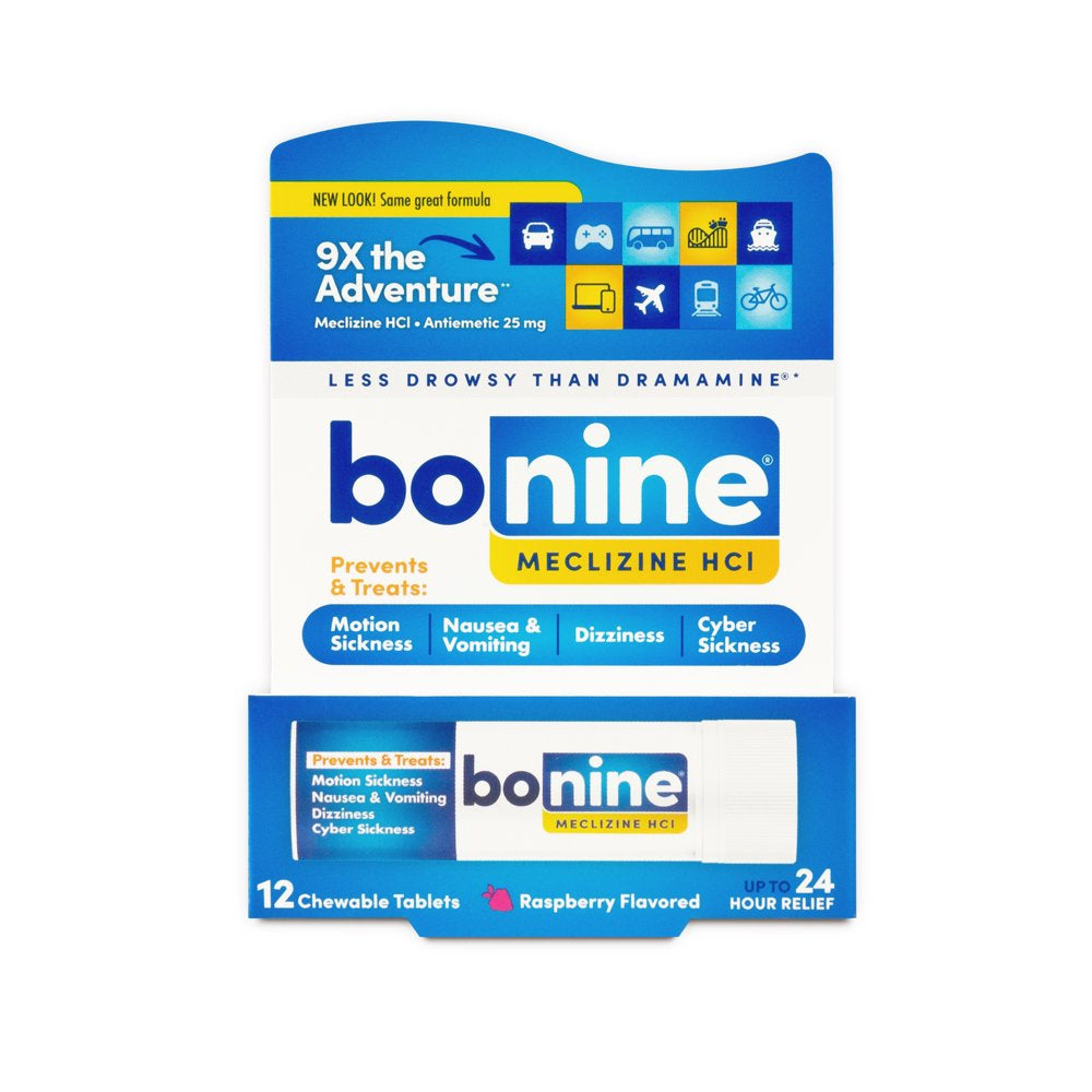 Bonine Motion Sickness and Nausea Relief Travel Pack, Chewable Tablets, Raspberry, 12 Ct