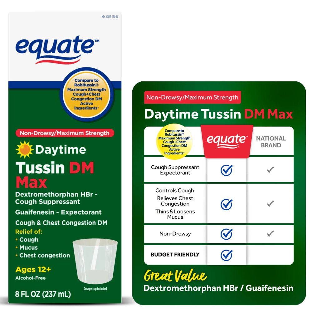 Equate Non-Drowsy/Maximum Strength Daytime Tussin DM Max Liquid, 8 Fl Oz