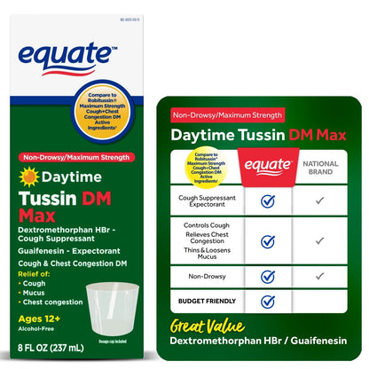 Equate Non-Drowsy/Maximum Strength Daytime Tussin DM Max Liquid, 8 Fl Oz