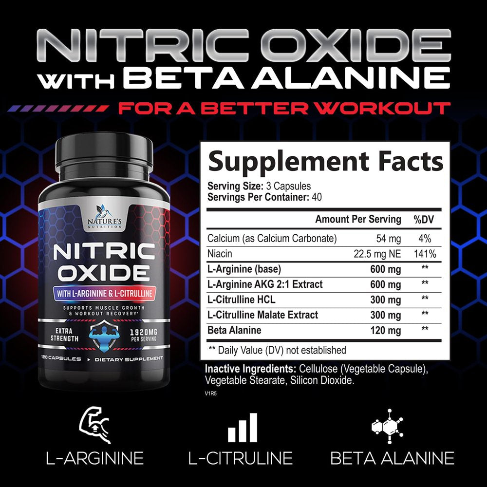Extra Strength Nitric Oxide Supplement L Arginine 3X Strength - Citrulline Malate, AAKG, Beta Alanine - Premium Muscle Supporting Nitric Oxide Booster for Strength & Energy Supplements - 120 Capsules