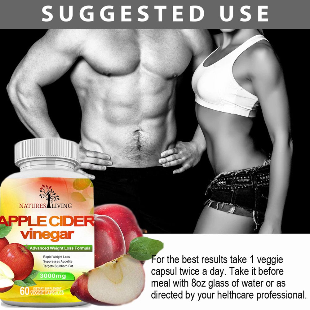 Apple Cider Vinegar 3000Mg Extra Strength (180 Capsules) for Weight Loss & Cleanse (Pack of 3) by Natures Living