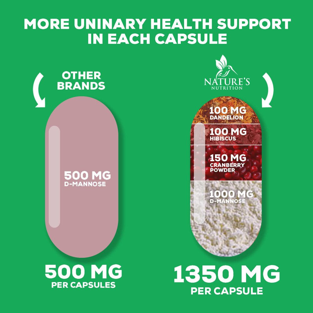 D-Mannose with Cranberry Extract 1350 Mg Complex - Fast-Acting Urinary Tract Health Support, Natural Non-Gmo & Vegan Capsules, Flush Impurities, Extra Strength Dmannose for Women & Men - 60 Capsules