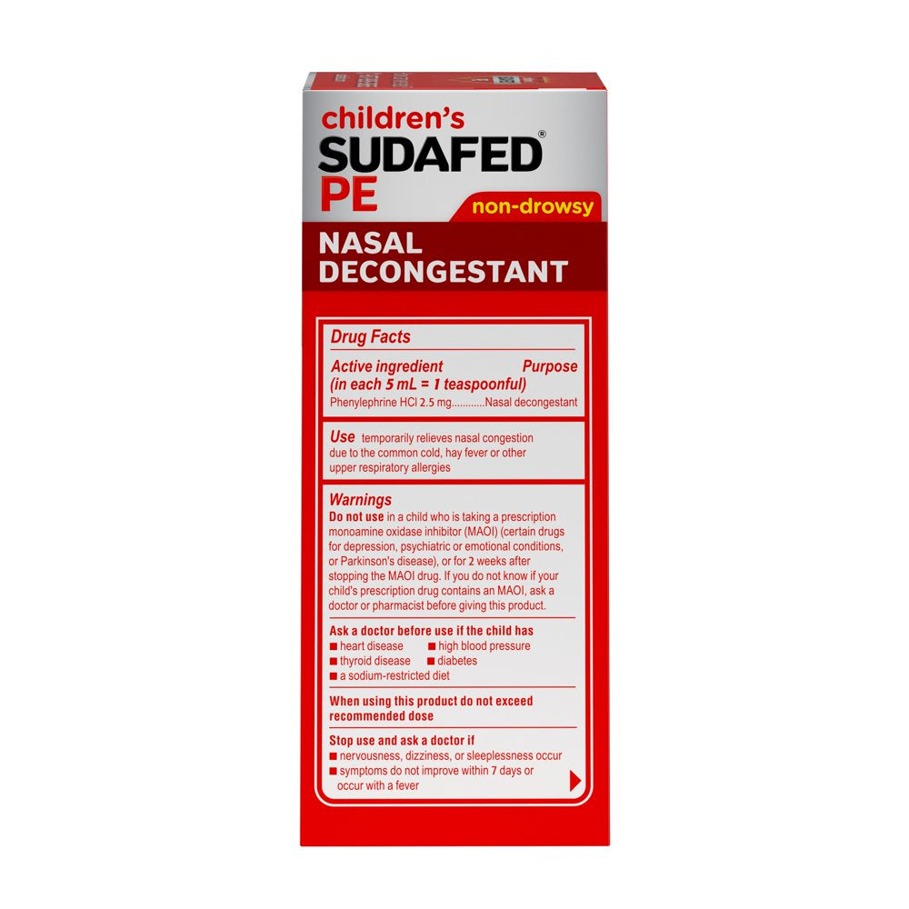Children'S Sudafed PE Nasal Decongestant, Liquid Cold Relief Medicine with Phenylephrine Hcl, Alcohol Free and Sugar-Free, Berry-Flavored, 4 Fl. Oz