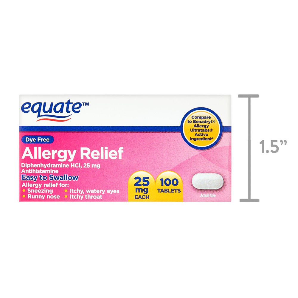 Equate Dye-Free Allergy Relief Medicine, 25 Mg, 100Ct Tablets