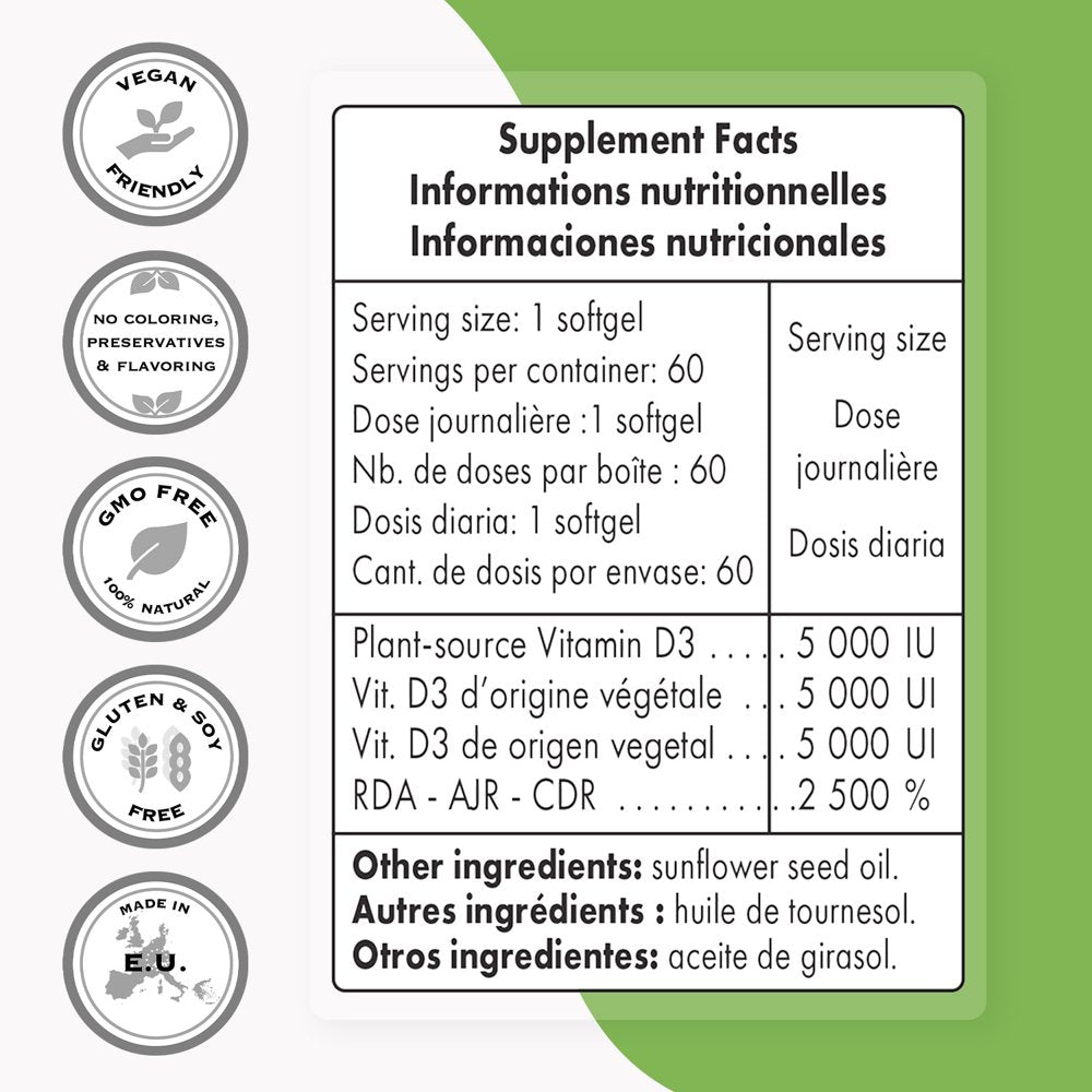 Supersmart - Vegan Vitamin D3 5000 IU per Day - Cholecalciferol Pills | Non-Gmo & Gluten Free - 60 Softgels