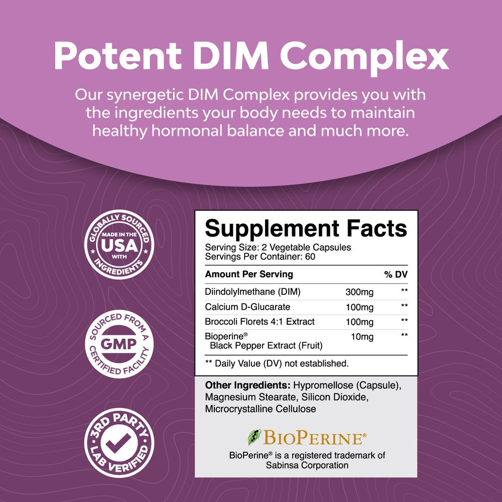 Extra Strength Diindolylmethane Supplement - 300Mg DIM per Serving Hormone Balance for Women and Men - Balancing Estrogen Supplement for Women and Men for Menopause Testosterone and Metabolism Support