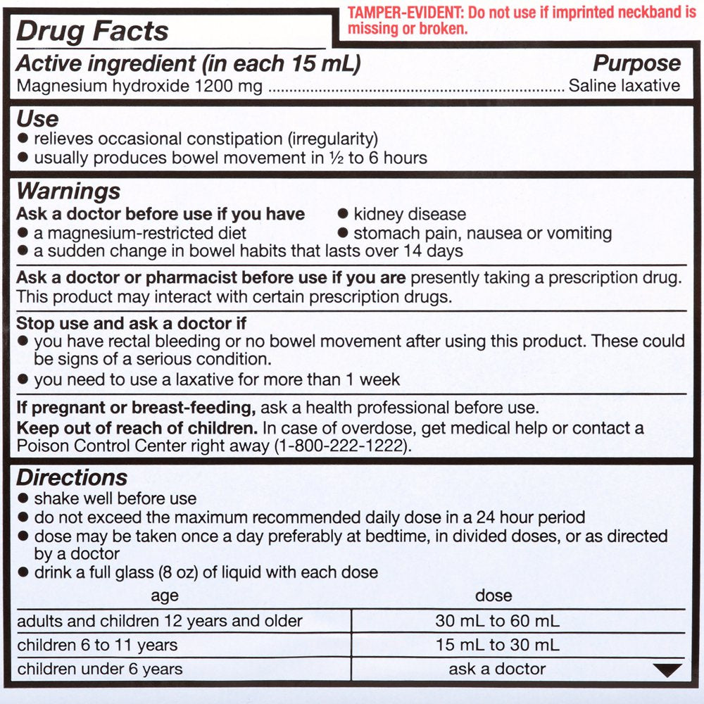 Equate Milk of Magnesia Saline Laxative, Original Flavor, 1200 Mg, 26 Fl Oz