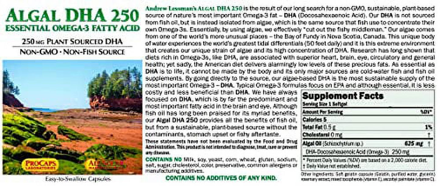 Andrew Lessman Algal DHA 250Mg 60 Softgels - Plant-Based Omega-3 Oils, Natural Marine Algae, High DHA, Non-Gmo, High Potency, No Stomach Upset, No Fishy Aftertaste. Small Easy to Swallow Softgels