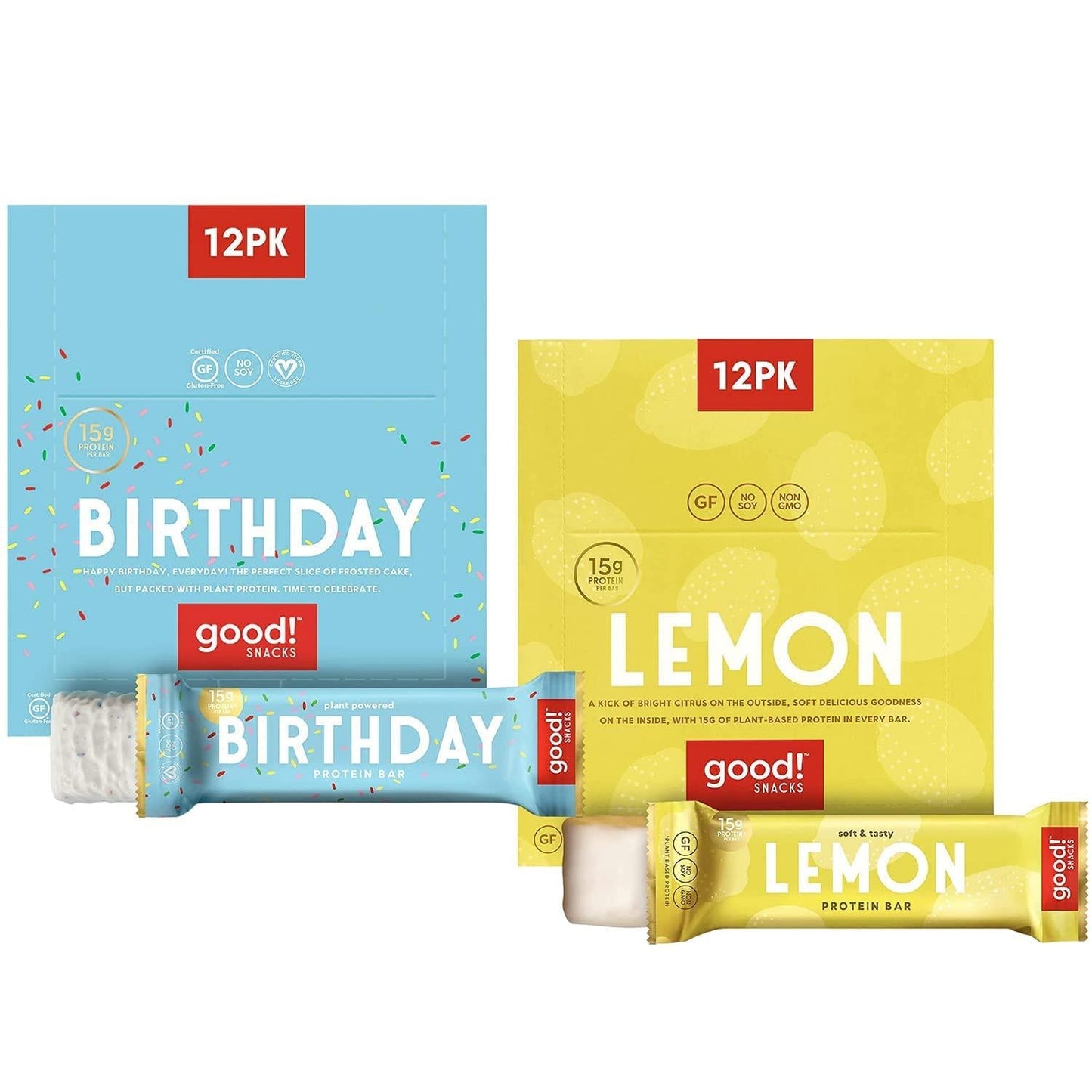 good! Snacks Vegan Protein Bars Bundle, Birthday Cake and Lemon (24 Bars) Gluten-Free, Plant Based, Low Sugar, High Protein Meal Replacement, Healthy Snacks for Energy, 15g Protein