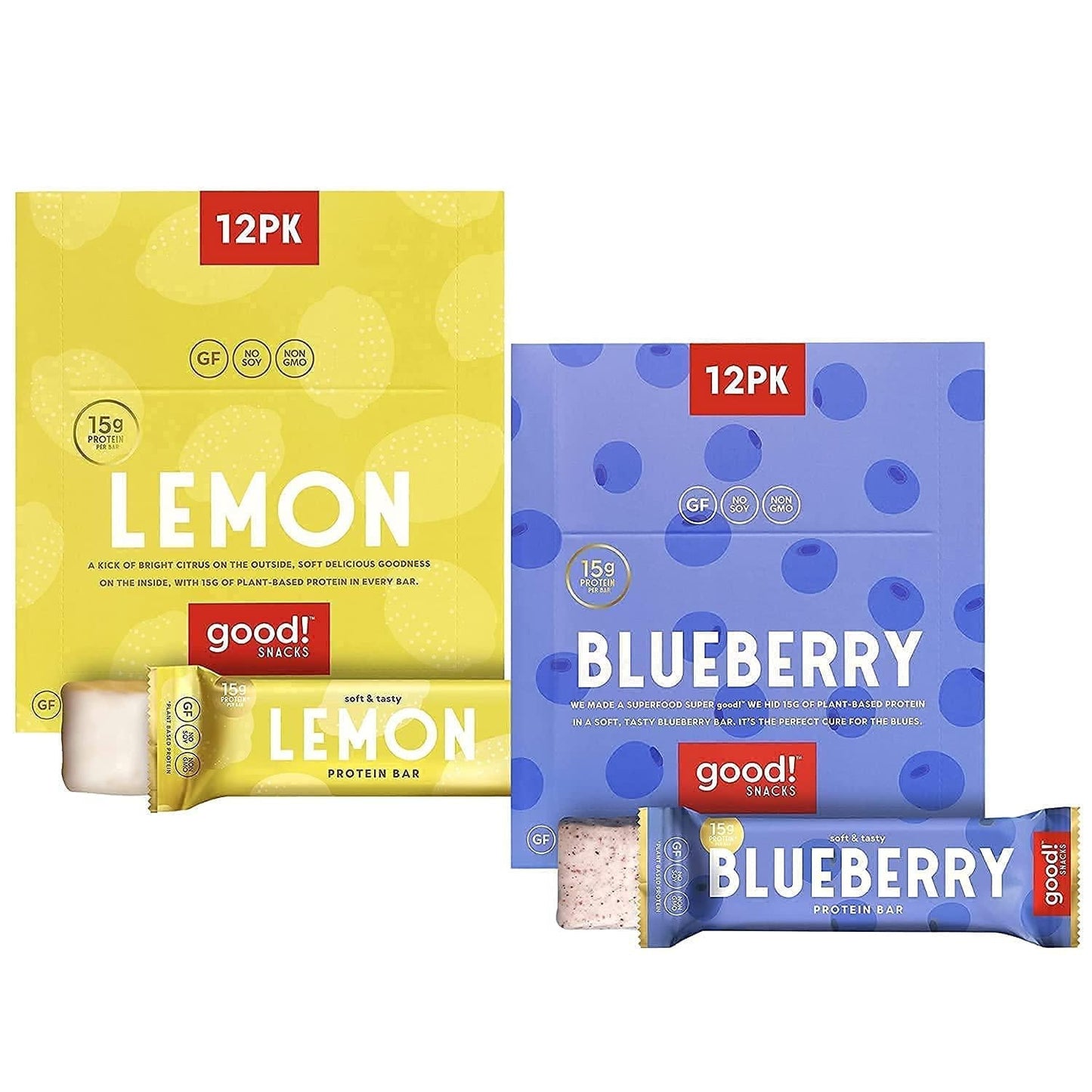 good! Snacks Vegan Protein Bars Bundle, Lemon and Blueberry (24 Bars) Gluten-Free, Plant Based, Low Sugar, High Protein Meal Replacement, Healthy Snacks for Energy, 15g Protein