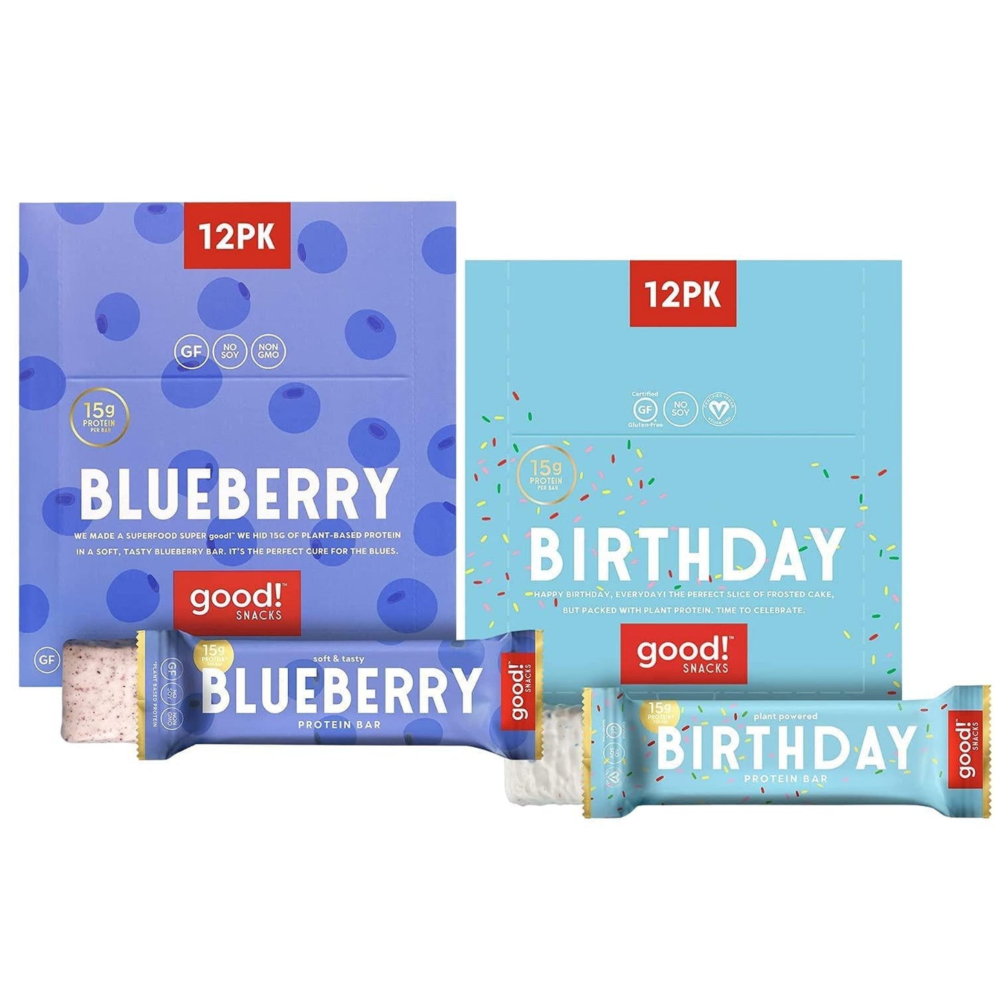 good! Snacks Vegan Protein Bars Bundle, Blueberry and Birthday Cake (24 Bars) Gluten-Free, Plant Based, Low Sugar, High Protein Meal Replacement, Healthy Snacks for Energy, 15g Protein