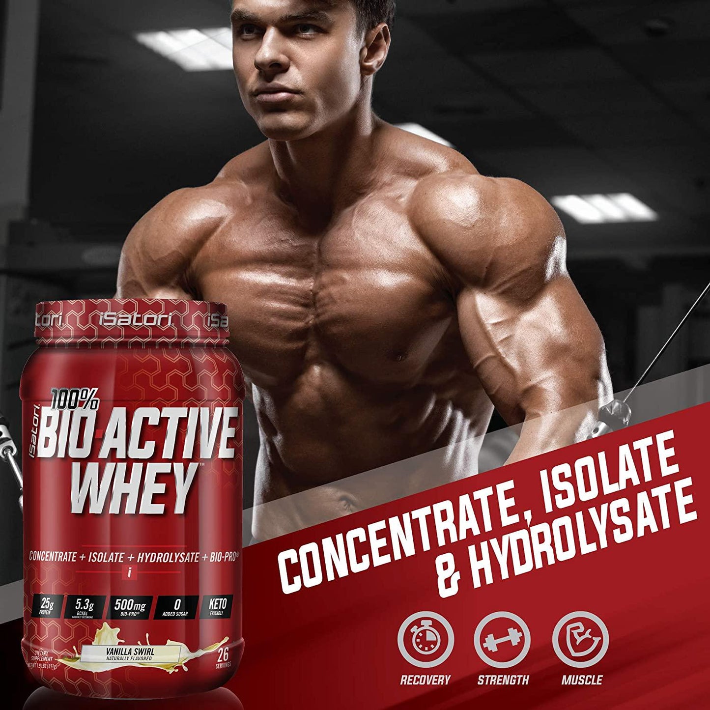 iSatori 100% Bio-Active Whey Protein Powder, Concentrate, Isolate and Hydrolysate - Bio-Gro, Bio Active Peptides, and BCAAs for Recovery 25G of Protein per Serving - Vanilla Swirl (26 Servings)